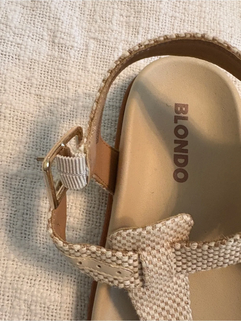 Blondo Beige and White Woven T strap Sandals with Adjustable Ankle Strap
